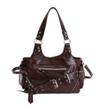 Distressed dark brown tote bag with silver zippers and moto style rivets design - Brown