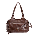 Retro dark brown oily leather tote bag with punk style metal zippers and rivets - Brown