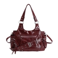 Chic dark red shoulder bag with glossy oil wax leather and punk silver metal hardware - Red