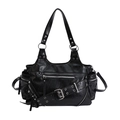 Retro black faux leather motor tote bag with silver studs and belt detailing - Black
