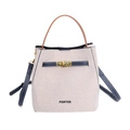 Elegant beige canvas bucket bag with navy leather trim and golden lock closure - Blue