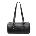 Minimalist black cylinder shoulder bag with silver hardware and textured finish - Black