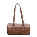 Vintage brown cylindrical Boston handbag with long shoulder straps and metal accents - Brown