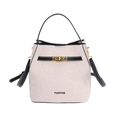 Beige canvas and black leather bucket bag with PANTOR embroidery and gold lock - Black