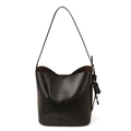 Classic black leather bucket bag with fringe detail and brown contrast lining - Black