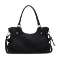 Bolso tote minimalista de ante negro con anillas metálicas y detalles de cordón ajustable - Negro