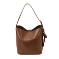 Deep brown leather bucket bag with large capacity and adjustable shoulder strap for women - Brown