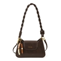 Deep brown faux leather crossbody bag with woven strap and colorful beaded charm - Brown