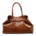 Caramel brown large capacity tote bag with glossy oil wax leather and gold buckle - Large / Brown