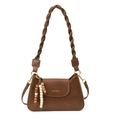 Retro brown PU leather shoulder bag with woven handle and beaded pendant detail - Brown