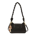 Black PU leather crossbody bag with braided strap and leopard print bead tassel - Black