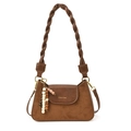 Brown faux suede crossbody bag with braided handle and wooden bead charm accent - Suede Brown