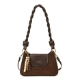Brown faux leather crossbody bag with woven handle and colorful beaded charm detail - Suede Coffee