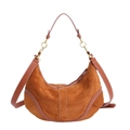 Caramel suede hobo bag with leather trim and gold rings on a clean white background - Brown