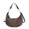 Brown suede hobo bag with black leather trim, white stitching and gold hardware - Green