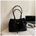 Detail of black suede tote bag with white contrast stitching and decorative buckled straps - Black without Pendant