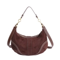 Retro dark brown suede hobo dumpling shoulder bag with contrast stitching and gold hardware - Brown