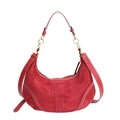 Red suede half-moon dumpling bag with white contrast stitching and gold hardware - Red