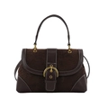 Borsa a sella marrone scuro in pelle a contrasto con trama leopardata e fibbia - Marrone