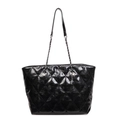 Glossy black quilted tote bag with diamond stitching and metal chain strap - Black