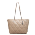 Beige quilted tote bag with diamond stitching and silver chain straps in glossy finish - Khaki
