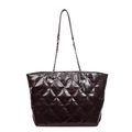 Deep brown quilted tote bag with shiny oil wax finish and chain strap for women - Coffee