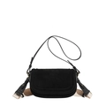 Black suede saddle bag with dual straps including a wide beige woven shoulder strap - Black