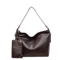Sac cabas en cuir marron foncé avec large bandoulière et pochette cloutée assortie - café