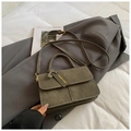Dark green suede crossbody square bag with white stitching and top handle detail - No Pendant / Green