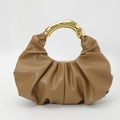 Modern brown ruched cloud bag with a textured gold metallic top handle and crescent design - Brown