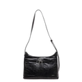 Bolso bandolera vintage negro en cuero brillante plisado con hebillas plateadas decorativas - Negro