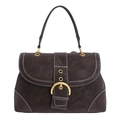 Retro dark brown crossbody bag with white contrast stitching and a gold round buckle - Brown