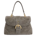 Dunkelgraue Vintage-Handtasche aus Leder mit goldener Ringschnalle und Kontrastnähten - Grün