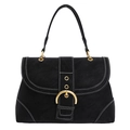 Retro Handtasche aus schwarzem Wildlederimitat mit Kontrastnaht und Gold-Schnalle - Schwarz