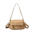 Retro suede Boston messenger bag in camel brown with adjustable shoulder strap and buckles - Khaki