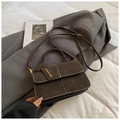 Dark brown matte square handbag with white contrast stitching and long shoulder strap - No Pendant / Brown