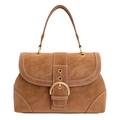 Braune Vintage-Handtasche mit weißen Nähten und Goldschnalle im minimalistischen Design - Braun