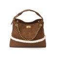 Brown suede hobo bag with white faux fur trim, quilted pattern and gold chain strap - Large / Brown
