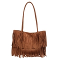 Vue détaillée du sac cabas en similicuir marron caramel avec des franges bohèmes - Marron