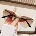 Frameless rimless cat eye sunglasses with brown gradient lenses and gold metal temples - Tea Pink Gradient