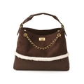 Dark brown suede tote bag with diamond quilting, gold chain, and faux fur trim detail - Large / Brown