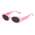 Retro oval pink sunglasses with dark lenses in Y2K fashion style on white background - Pink Frame Dark Grey Lens
