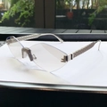 Rimless geometric sunglasses with rhinestone hinges and silver textured metal temples - Double Light Grey