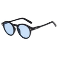 Retro round black sunglasses with light blue lenses and silver rivets at 45 degree angle - Black Frame Blue Lens