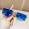 Rimless sunglasses with blue gradient lenses and gold leopard head metal details - Double Blue