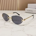 Classic rimless oval sunglasses with dark grey lenses and gold metal frames - Solid Grey