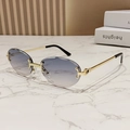Classic rimless oval sunglasses with gradient blue-grey lenses and golden metal frames - Double Blue