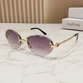 Retro rimless oval sunglasses with purple gradient lenses and gold metal frames - Gradient Grey