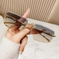 Frameless rectangle sunglasses with golden leopard temple and gradient grey lenses - Blue Orange Gradient