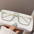 Fashionable gold metal half-frame glasses with multi-color rhinestones and no lenses - Gold Frame AB Rhinestone
